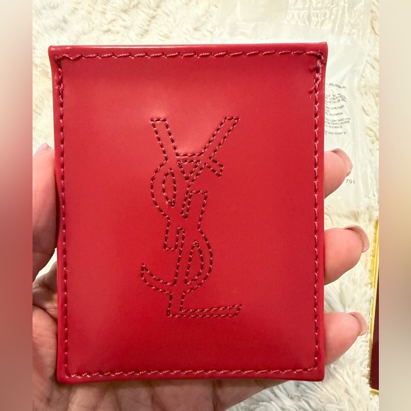 Yves Saint Laurent Dark Red Enamel & Gold Color Accents Mirror w/YSL Case New - Picture 3 of 7